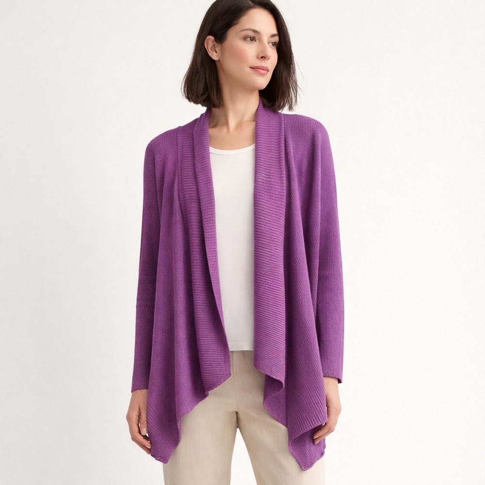 Eileen Fisher Open Front Cardigan Purple Rib Knit Linen Cotton Blend Layering LP